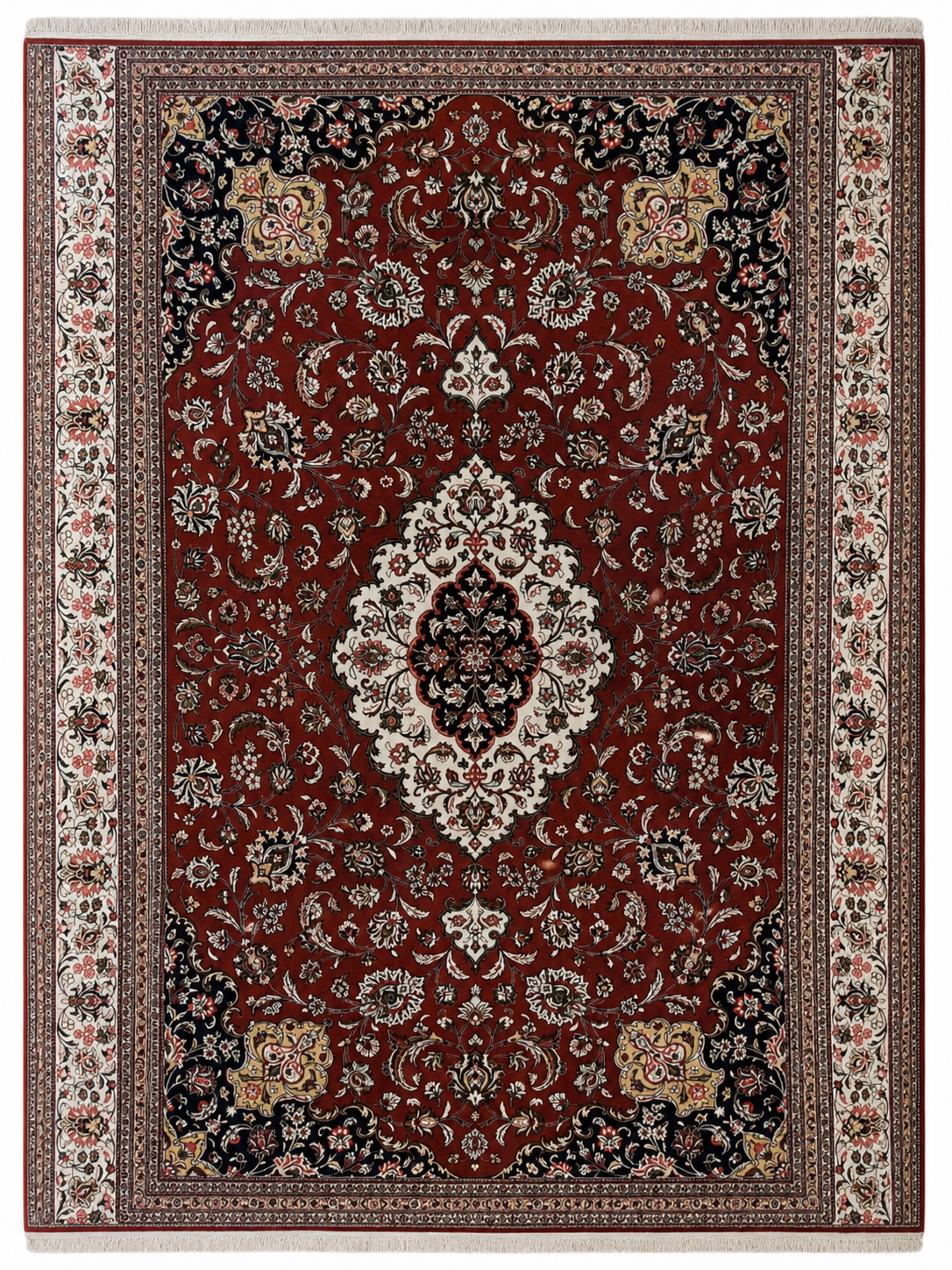 Decorative rug with intricate patterns on a plain background